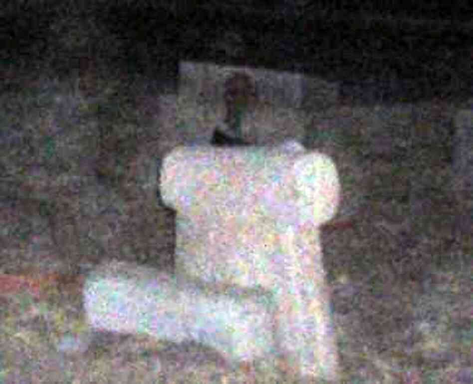 A photo provided by Henry Flores shows a headstone with what some believe is a ghost in the frame, perched behind the tomb.