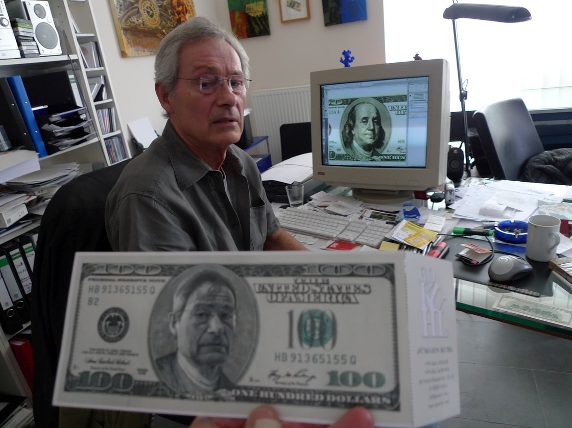 Hans-Jurgen Kuhl featured his face on bills as an announcement for an art show.
