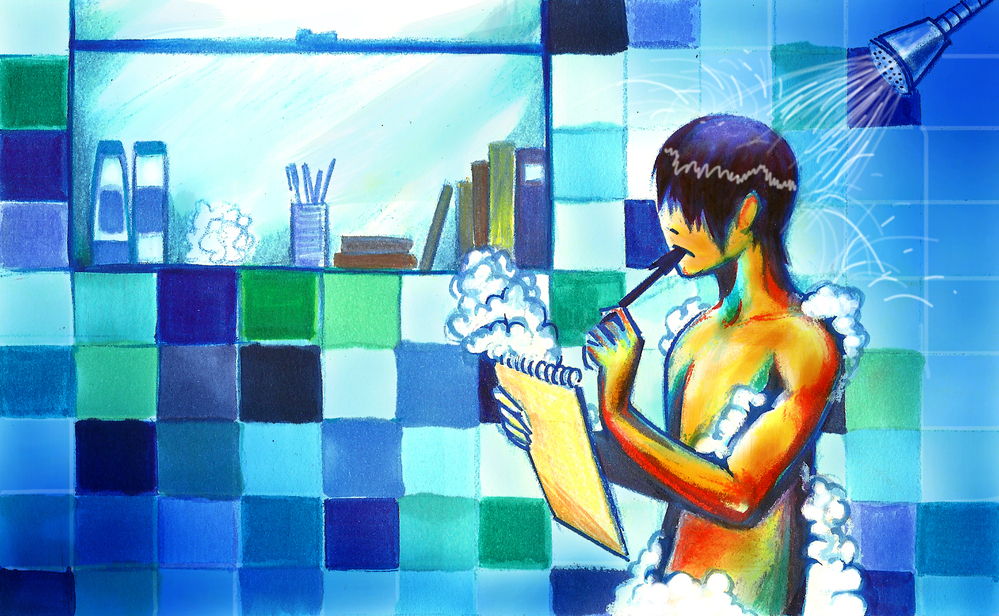 Taking a shower may help inspire big ideas. Working in a blue room may help, too.