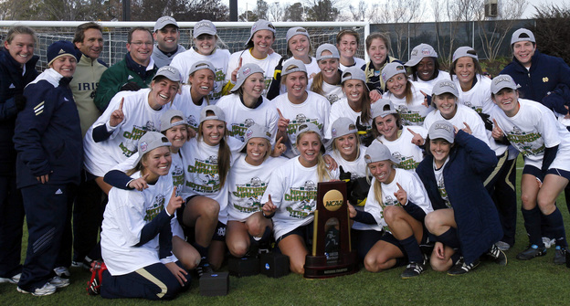 The adoption of Title IX has spurred growth in women's collegiate sports, including soccer. But a women's pro league has struggled, cutting its season short this year. Here, Notre Dame celebrates winning the NCAA College Cup in 2010.