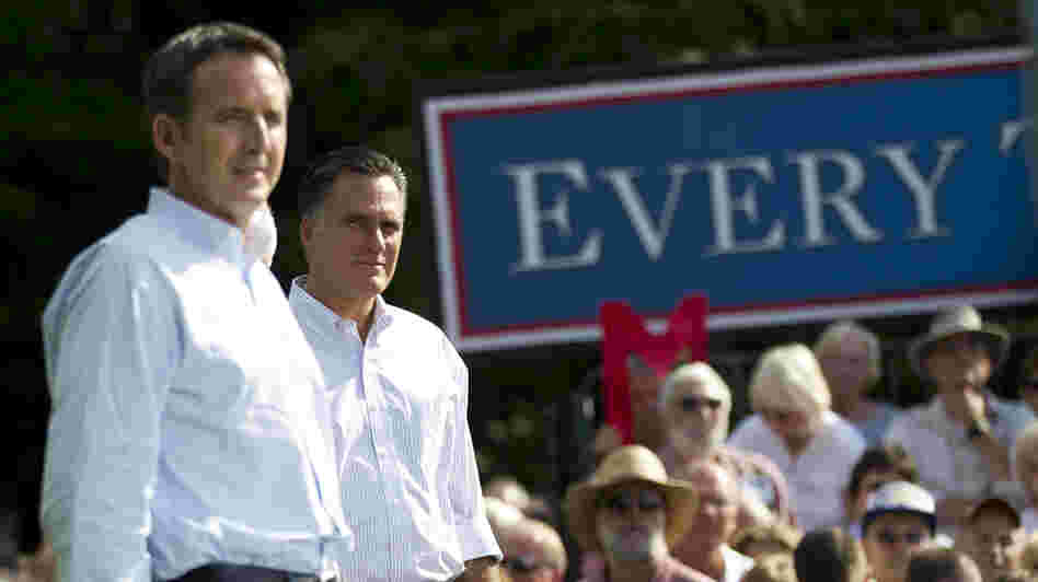 Republican presidential candidate Mitt Romney stands with former Minnesota Gov. Tim Pawlenty during a campaign stop Saturday in Cornwall, Pa.