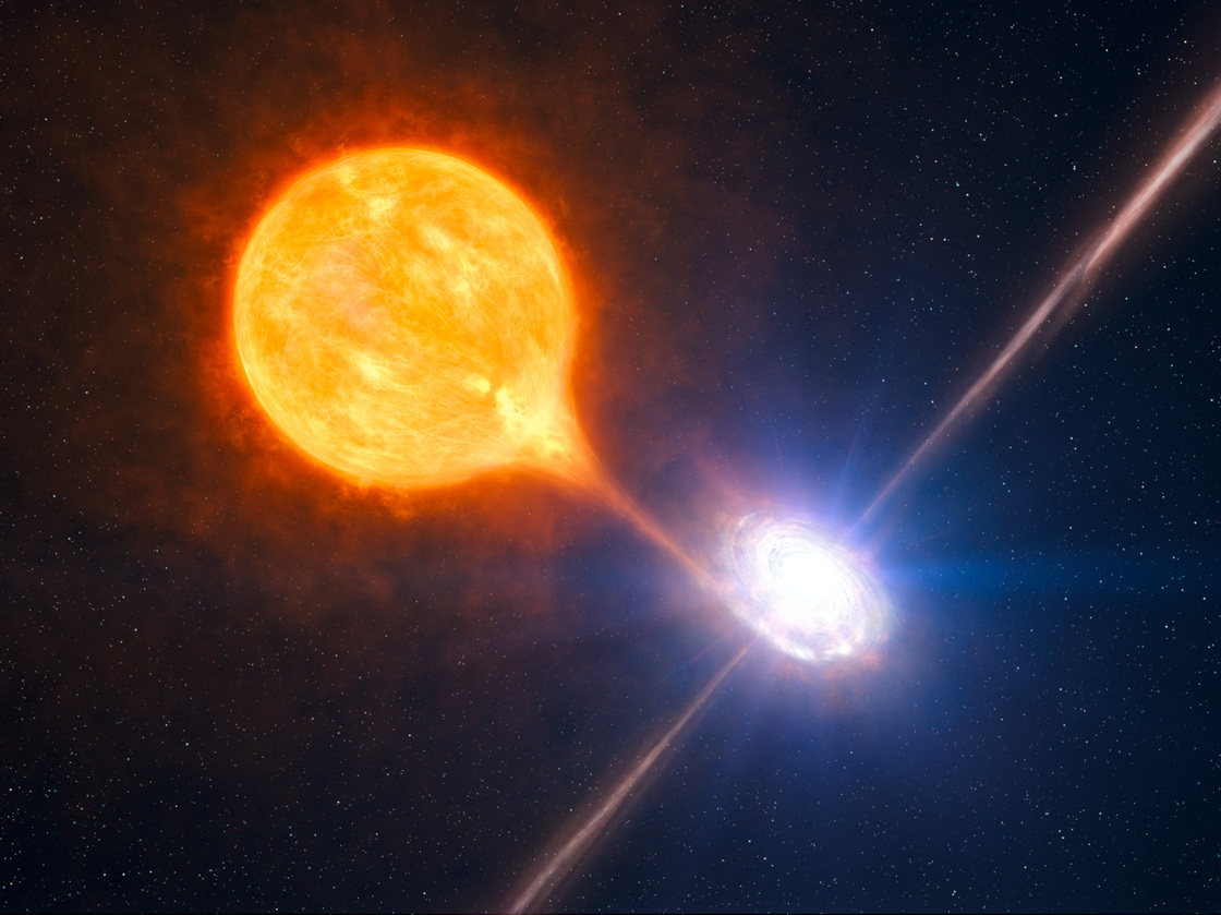 A black hole and its massive pair of jets is seen in association with a growing microquasar in this artist's impression based on multiple sources of telescope data.