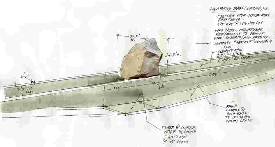 A 2011 sketch by artist Michael Heizer shows the walkway visitors will use to pass under the granite boulder at the center of the Los Angeles County Museum of Art's installation. (Click here to enlarge.) A 2011 sketch by artist Michael Heizer shows the walkway visitors will use to pass under the granite boulder at the center of the Los Angeles County Museum of Art's installation. (Click here to enlarge.)