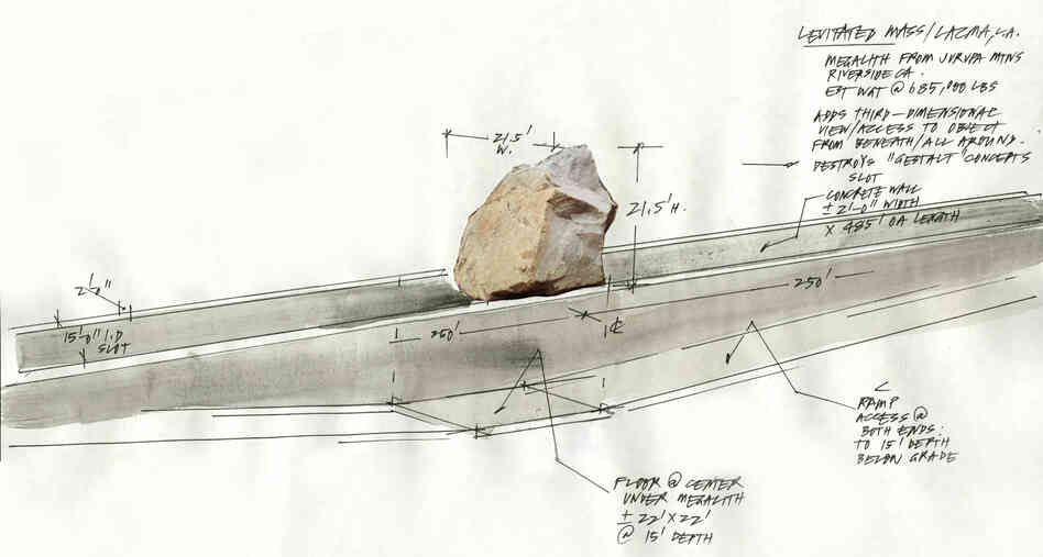 A 2011 sketch by artist Michael Heizer shows the walkway visitors will use to pass under the granite boulder at the center of the Los Angeles County Museum of Art's installation. (Click here to enlarge.) A 2011 sketch by artist Michael Heizer shows the walkway visitors will use to pass under the granite boulder at the center of the Los Angeles County Museum of Art's installation. (Click here to enlarge.)