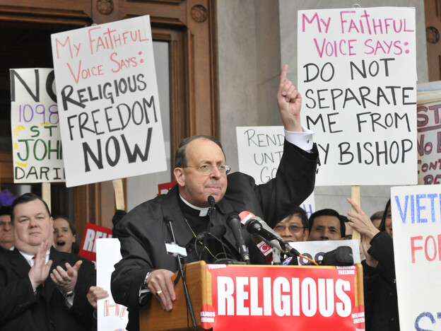 Archbishop William Lori of Baltimore, shown speaking at the state Capitol in Hartford, Conn., in 2009, is the head of the U.S. bishops' Fortnight for Freedom campaign.