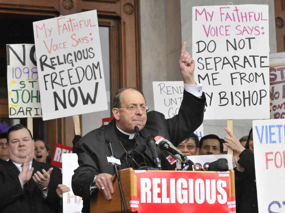 Archbishop William Lori of Baltimore, shown speaking at the state Capitol in Hartford, Conn., in 2009, is the head of the U.S. bishops' Fortnight for Freedom campaign.