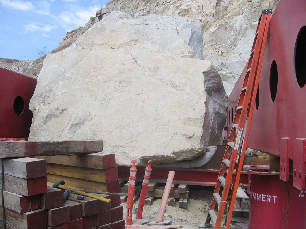 Artist Michael Heizer's handpicked boulder, and its custom-made transporter, sat at the Stone Valley Quarry for months while the moving team acquired permits to haul it through four counties and 22 cities en route to L.A.