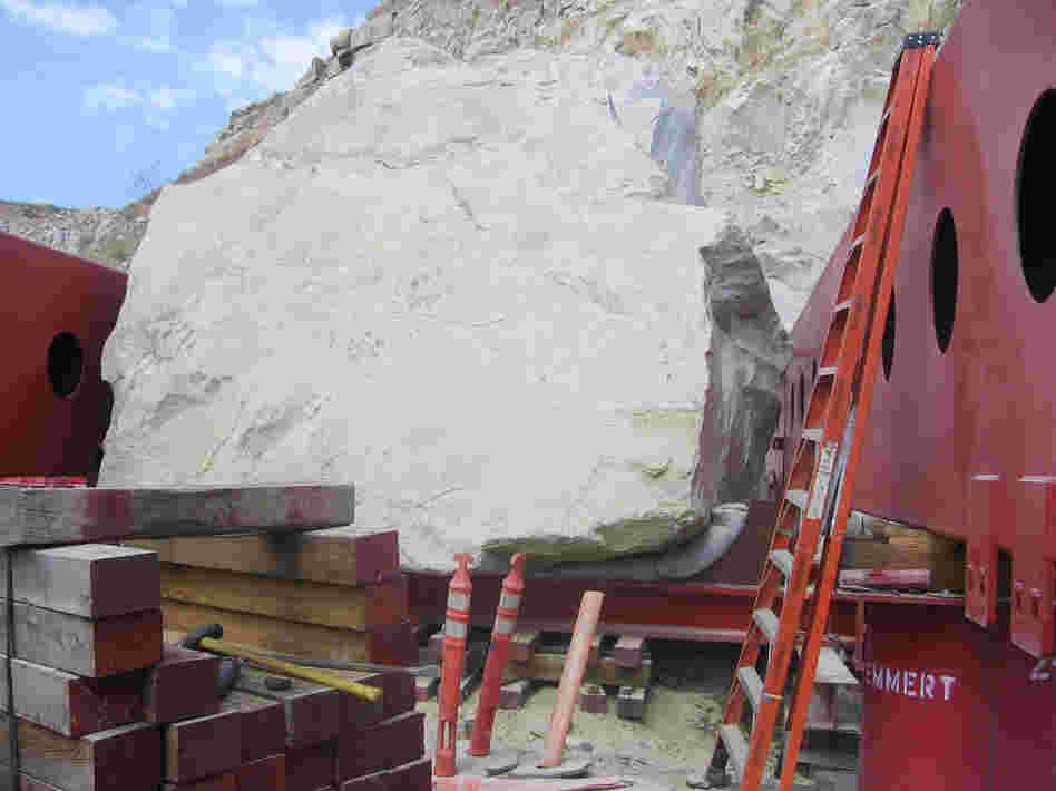 Artist Michael Heizer's handpicked boulder, and its custom-made transporter, sat at the Stone Valley Quarry for months while the moving team acquired permits to haul it through four counties and 22 cities en route to L.A.