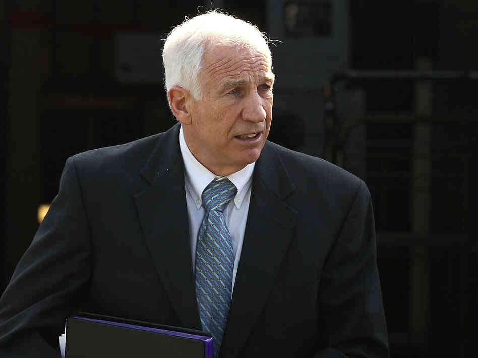 Former Penn State assistant football coach Jerry Sandusky as he left the Centre County Courthouse in Bellefonte, Pa., on Tuesday.