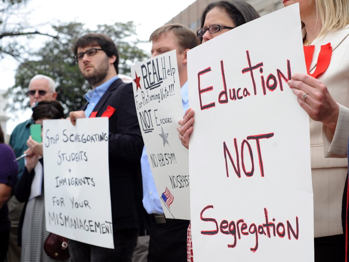Demonstrators rally in February in opposition to a bill that proposed banning undocumented students from attending public higher education institutions in Georgia.