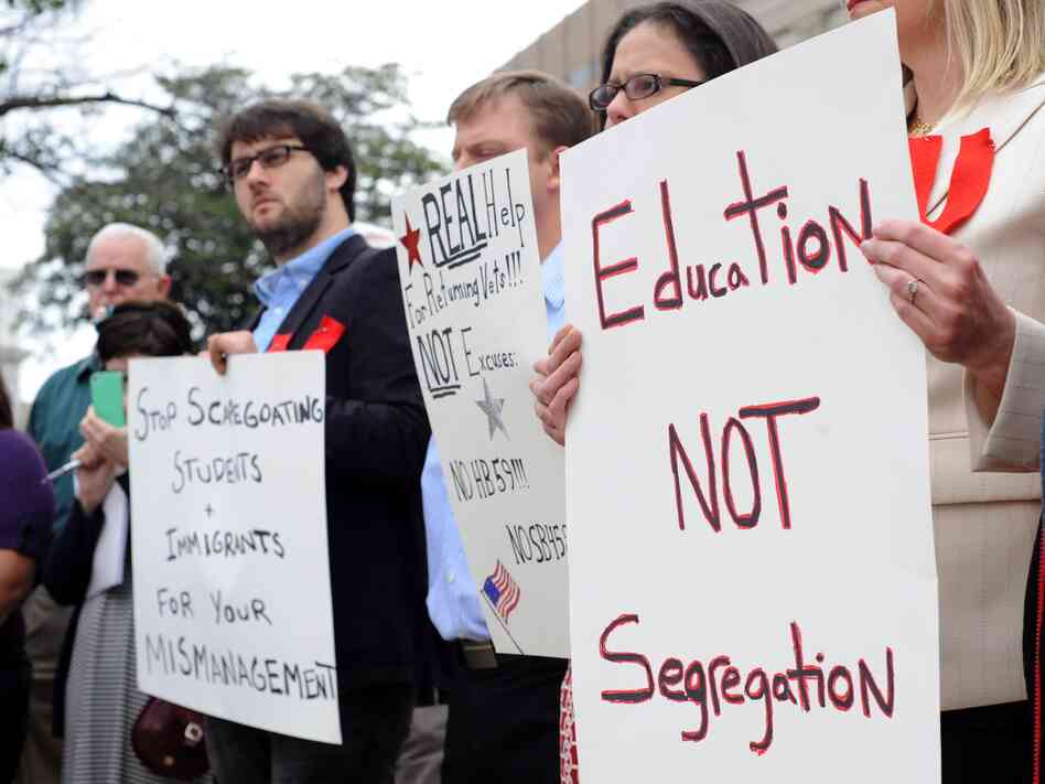 Demonstrators rally in February in opposition to a bill that proposed banning undocumented students from attending public higher education institutions in Georgia.