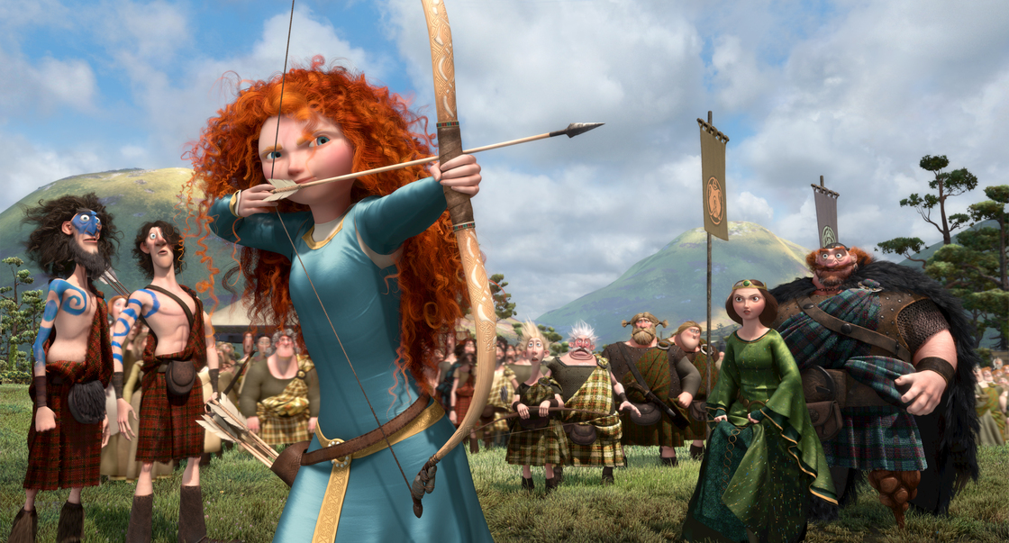 In Brave, the character of Merida is a skilled archer and sword fighter who rebels against what is expected of her as a princess.