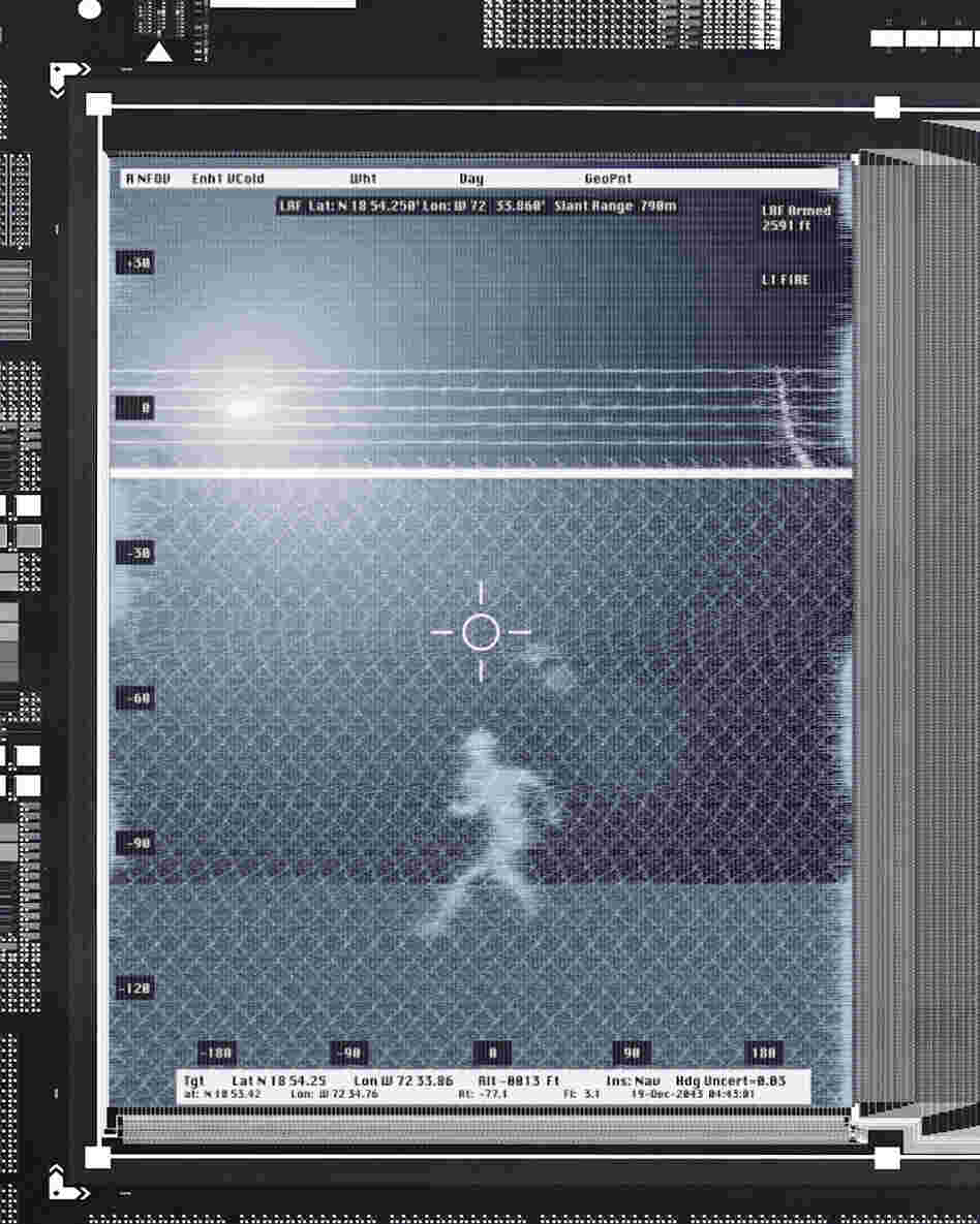 The only digital composite, this image is meant to look like it's from a forward looking infrared camera, a military aircraft technology.