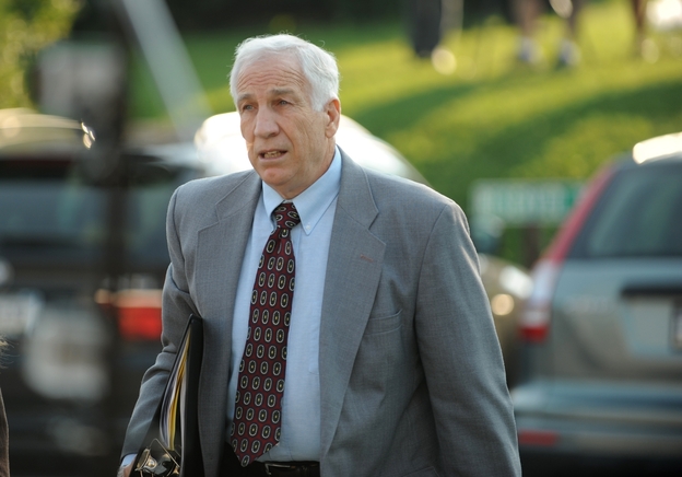 Jerry Sandusky arrives at the courthouse on Thursday for closing arguments of his sexual abuse trial, at the Centre County Courthouse, in Bellefonte, Pa.