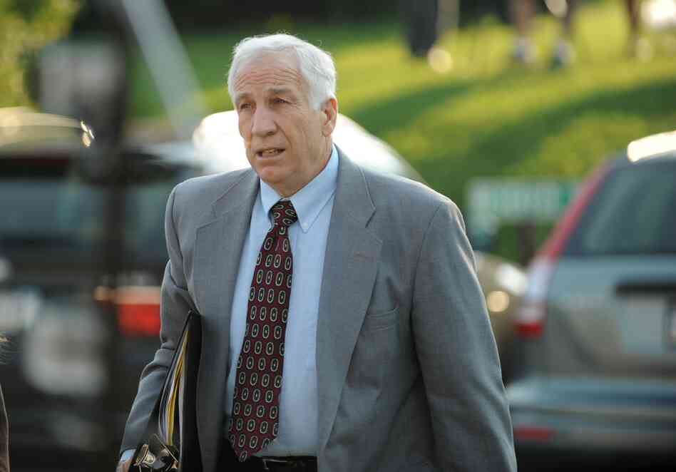 Jerry Sandusky arrives at the courthouse on Thursday for closing arguments of his sexual abuse trial, at the Centre County Courthouse, in Bellefonte, Pa.