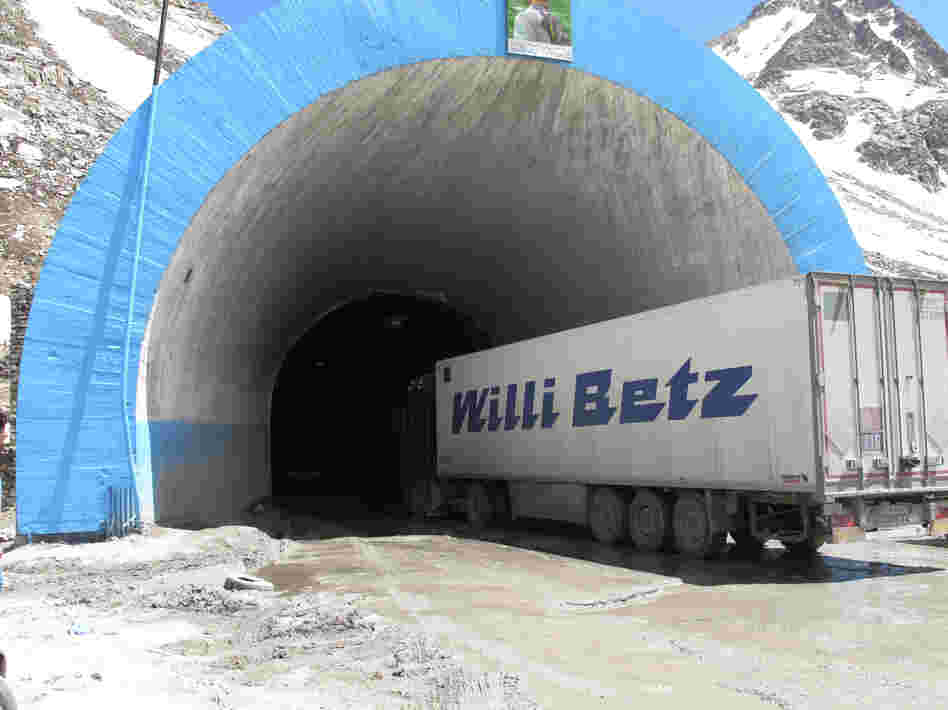 A truck carrying food for NATO troops drives into the northern entrance of the Salang Tunnel. This truck waited several days to be able to enter the tunnel.