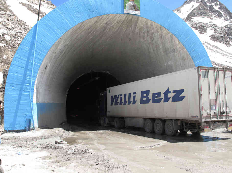 A truck carrying food for NATO troops drives into the northern entrance of the Salang Tunnel. This truck waited several days to be able to enter the tunnel.