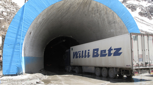 A truck carrying food for NATO troops drives into the northern entrance of the Salang Tunnel. This truck waited several days to be able to enter the tunnel.