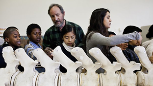 Dan Sudran helps kids from San Francisco's John Muir Elementary reconstruct a 36-foot gray whale with actual whale bones.