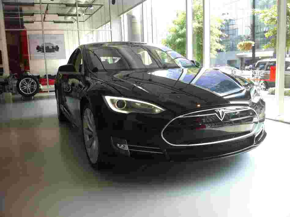 The Model S electric sedan sits in a Tesla showroom in Washington, D.C.