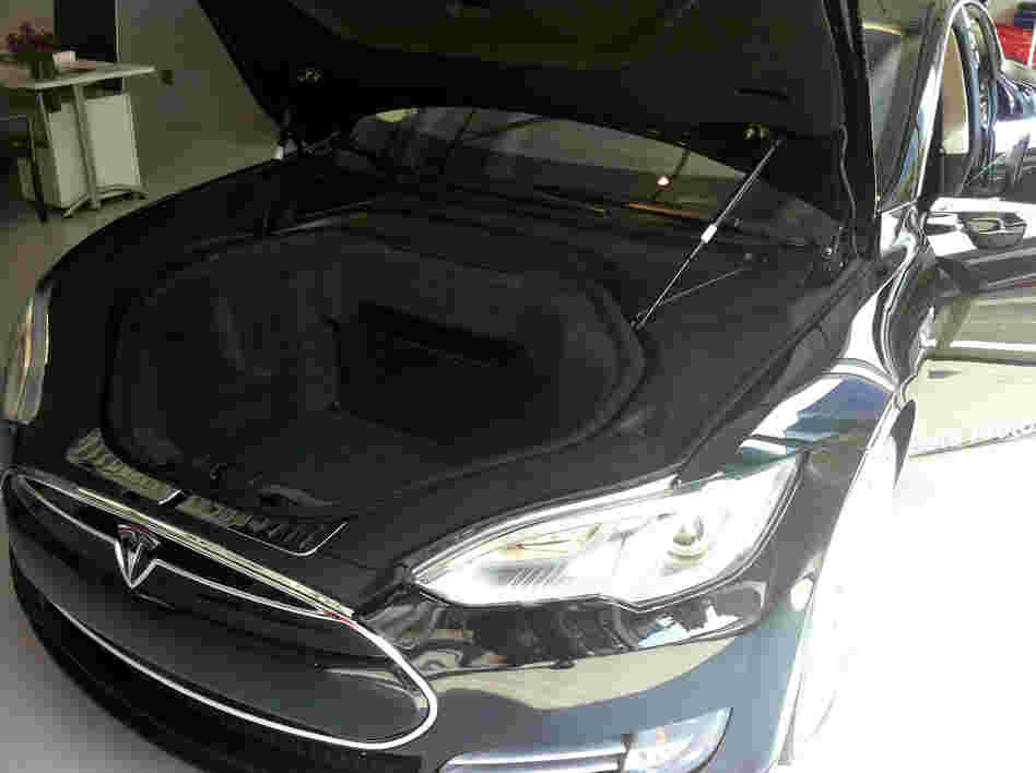 The front trunk of the Tesla Model S sedan provides 8.1 cubic feet of space.