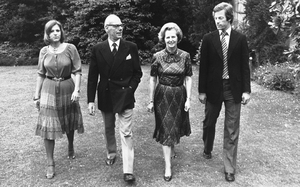 Thatcher strolls through the grounds of Scotney Castle in Kent, England, where she was a tenant of a National Trust flat. With her in this March 1979 photograph are her husband, Denis, and their twins, Mark and Carol.