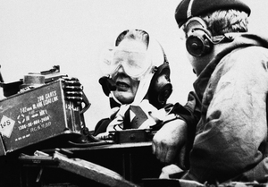 Thatcher sits in a Chieftain during her one-day visit to 1st British Corps units and soldiers training in Lower Saxony, West Germany, in September 1983. During this visit, Thatcher observed and closely followed a full-scale Battle Group Attack.