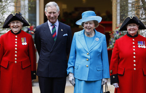 Britain's Prince Charles and Margaret Thatcher are joined by the first female Chelsea pensioners, Dorothy Hughes (left) and Winifred Phillips, as they attend the opening of the new Margaret Thatcher Infirmary at London's Royal Hospital Chelsea, March 25, 2009.