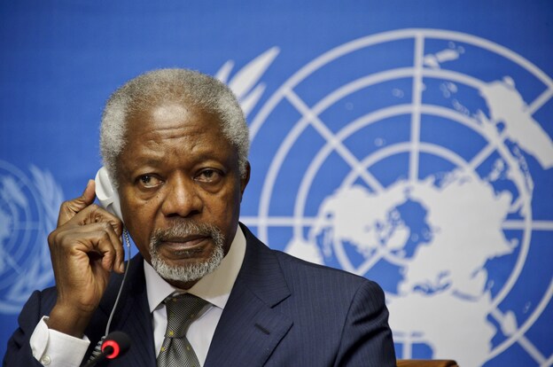 Arab League and UN Special Envoy for Syria, Kofi Annan, listens to journalists' questions during a press conference on Friday.