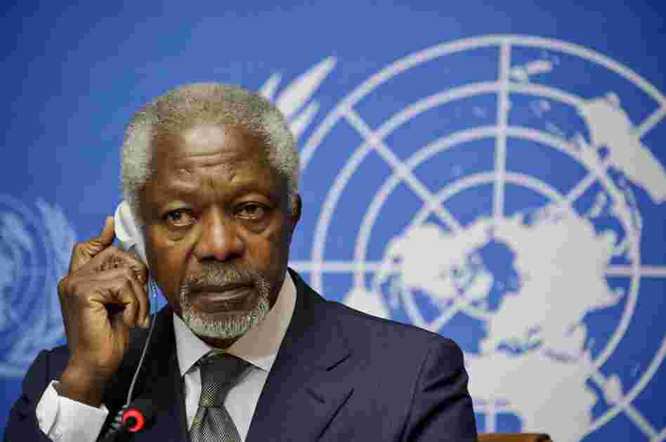Arab League and UN Special Envoy for Syria, Kofi Annan, listens to journalists' questions during a press conference on Friday.