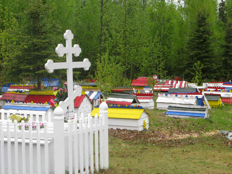 A plot in the Eklutna Cemetery features a traditional three-barred Russian Orthodox cross.