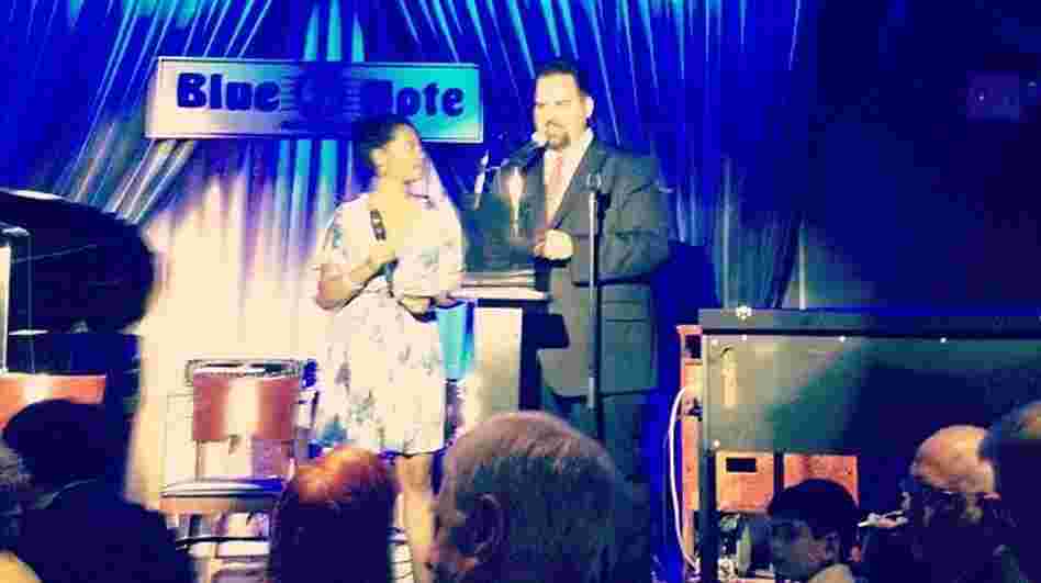 WBGO's Josh Jackson and freelance journalist Angelika Beener present at the JJA Jazz Awards, as captured by a smartphone.
