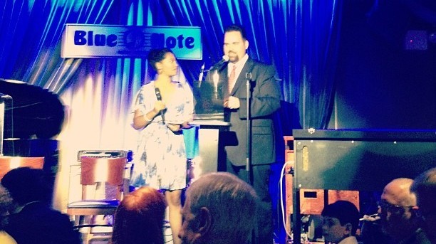 WBGO's Josh Jackson and freelance journalist Angelika Beener present at the JJA Jazz Awards, as captured by a smartphone.