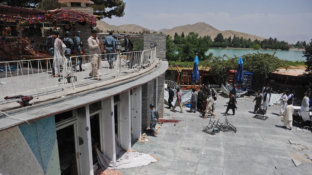 A general view of the Spozhmai Hotel following an attack by Taliban militants on the outskirts of Kabul on Friday.