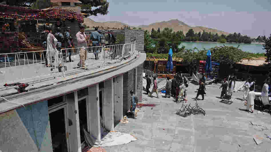 A general view of the Spozhmai Hotel following an attack by Taliban militants on the outskirts of Kabul on Friday.