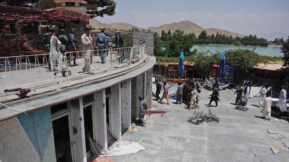 A general view of the Spozhmai Hotel following an attack by Taliban militants on the outskirts of Kabul on Friday.