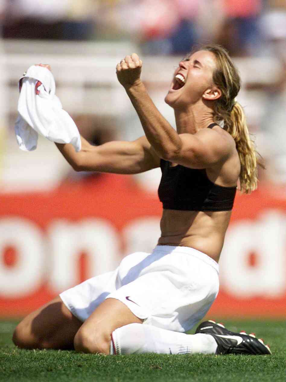 Brandi Chastain celebrates after kicking the winning penalty shot to win the 1999 Women's World Cup final at the Rose Bowl in Pasadena, Calif., in 1999.