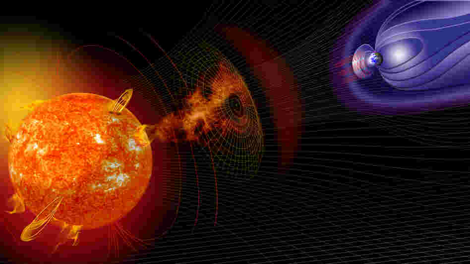 An artist's illustration of events on the sun changing the conditions in near-Earth space.