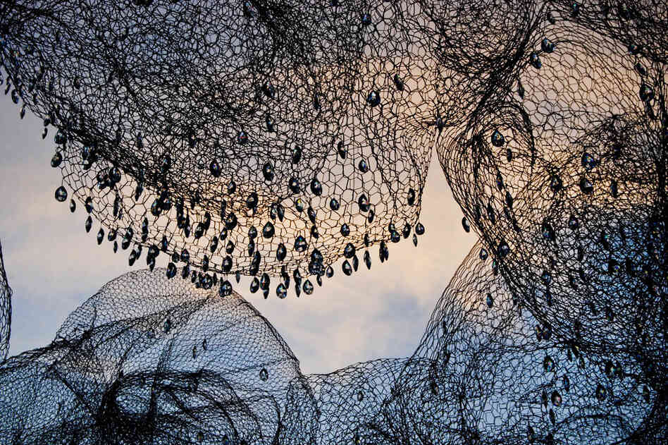 The installation, on display in Georgetown's historic Dumbarton Oaks Gardens, combines the luxurious (crystals) with the mundane (chicken wire).