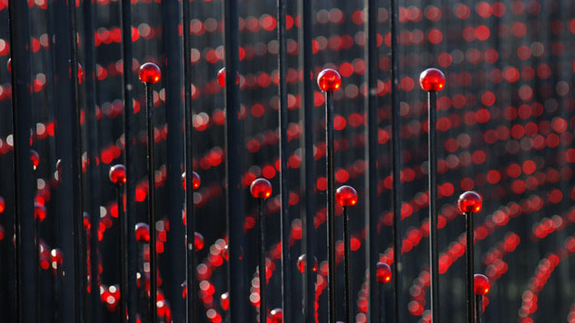 The marbles recall the way lepers once bathed in animal blood in an effort to cure themselves and avoid being ostracized to the one-time leprosarium where the installation is located.
