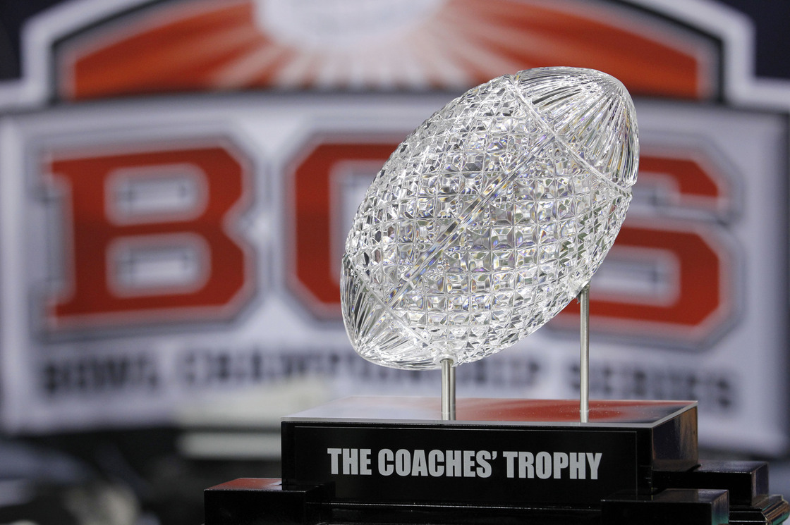 The Coaches' Trophy is displayed before the BCS National Championship game between the LSU and Alabama in New Orleans. College football will finally have a playoff.