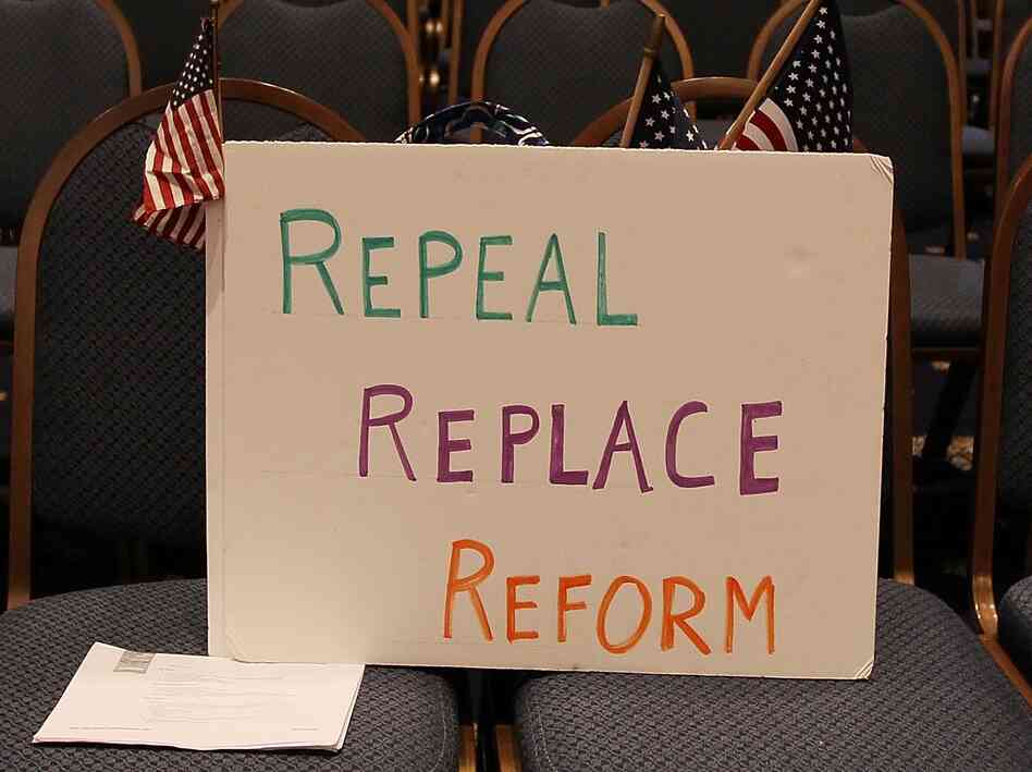 A sign reading 'Repeal Replace Reform' sits on a chair during a news conference at the National Press Club on April 15, 2010 in Washington, D.C. The Obama administration has struggled to sell his health care reform to the public since its passage.