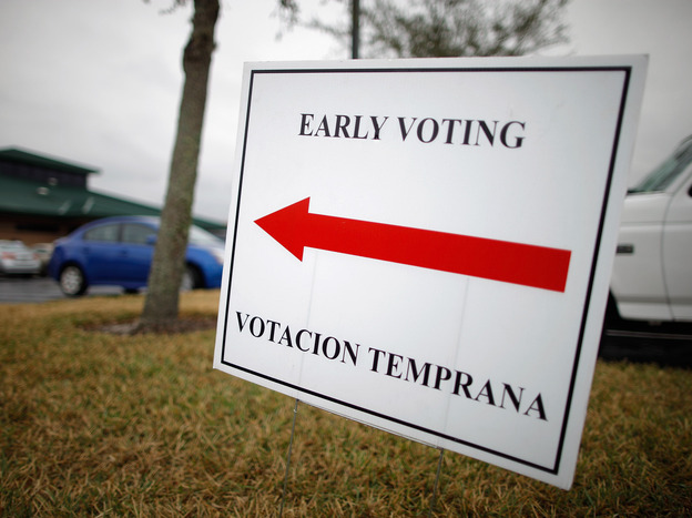 A sign lets voters know they can cast early ballots for the Florida primary election in January at the South Creek Branch Library in Orlando.