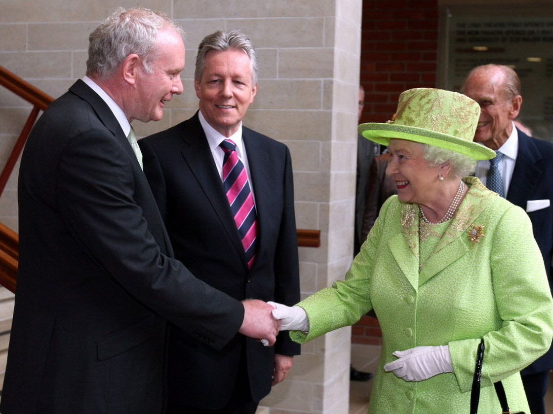 Queen Elizabeth II shook hands with Deputy First Minister of Northern Ireland Martin McGuinness today in Belfast. McGuinness is a former senior member of the IRA.
