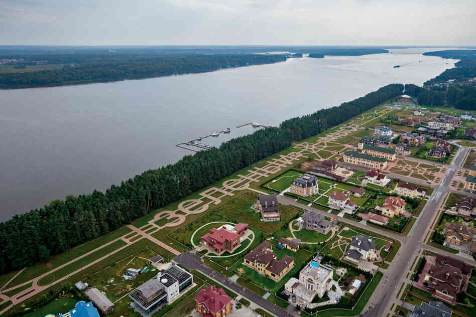 At the lavish end of the dacha spectrum are faux chateaux like these. Roughly half are permanent residences. A helicopter landing pad and yacht club are among the amenities for well-heeled owners.