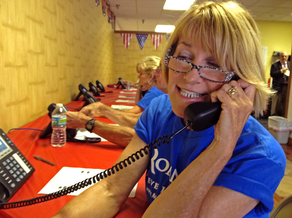 Barbie Snavely works at the Republicans' phone bank in Orange County, Fla.