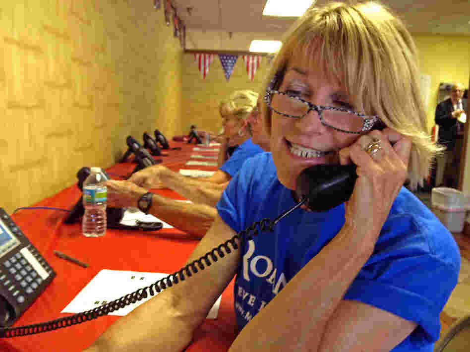 Barbie Snavely works at the Republicans' phone bank in Orange County, Fla.
