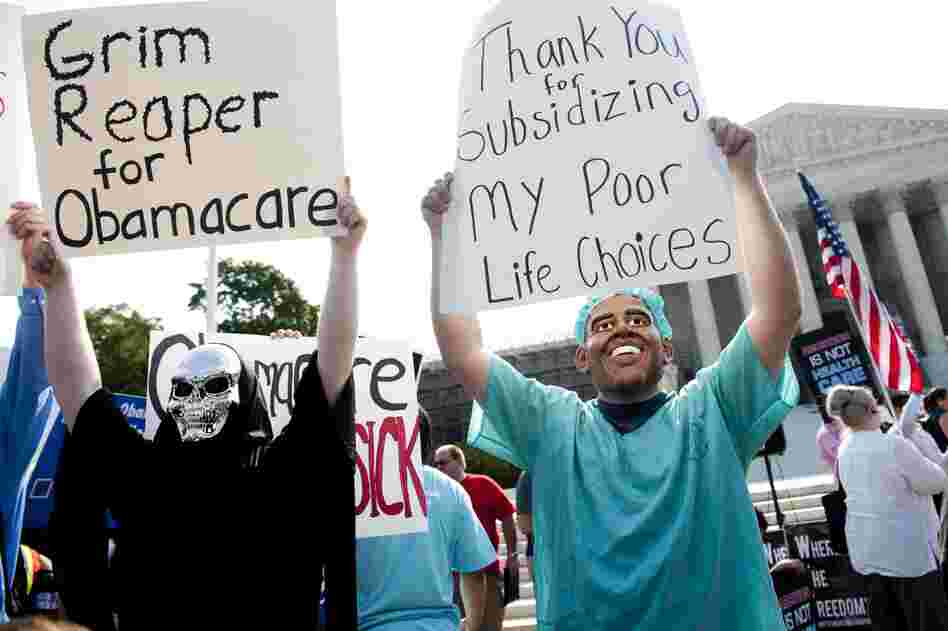 Opponents of the law, dressed as President Obama and the Grim Reaper, await a decision by the Supreme Court.