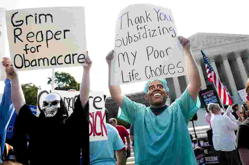Opponents of the law, dressed as President Obama and the Grim Reaper, await a decision by the Supreme Court.