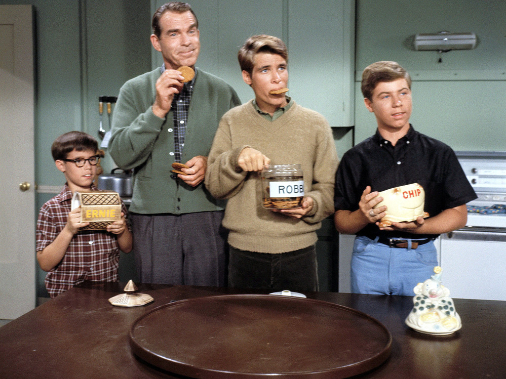 Don Grady (second from right) as "Robbie Douglas," with (at far left) Barry Livingson as "Ernie," Fred MacMurray as "Steve Douglas" the dad, and Stanley Livingston as "Chip."